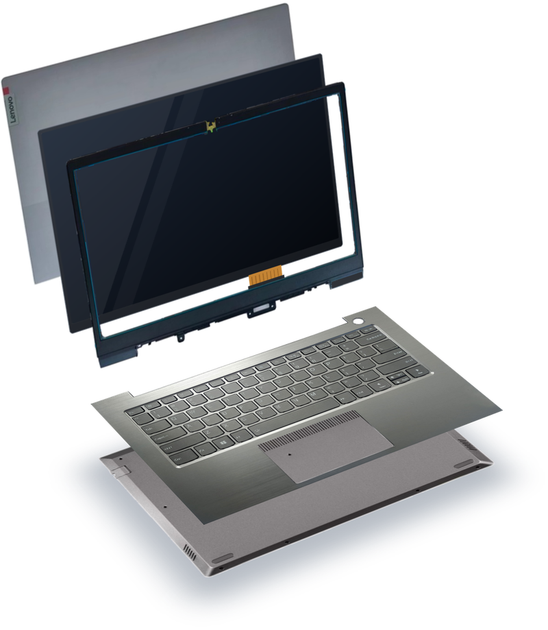Despiece de una laptop: back cover, pantalla, bisel, palmrest con teclado y base inferior